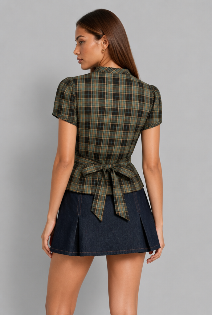 Plaid Blouse with Asymmetric Buttons