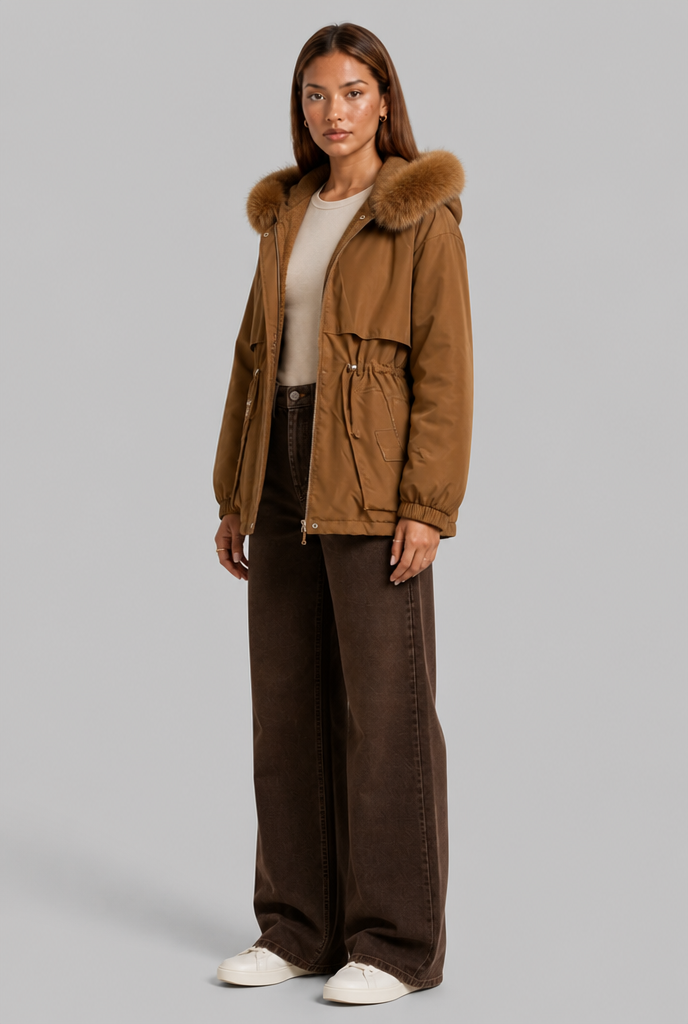 Cinched Waist Parka with Fur Hood