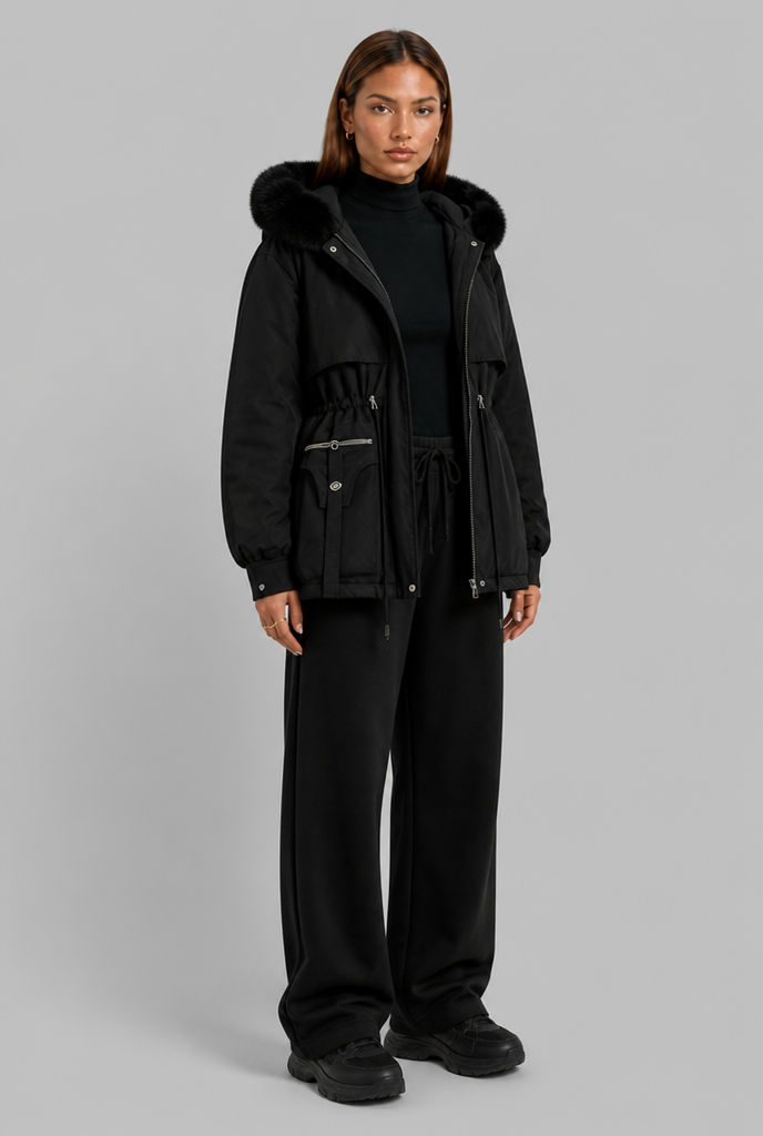 Cinched Waist Parka with Fur Hood