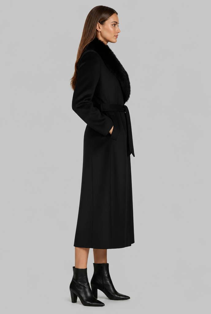 Long Wool Coat with Faux Fur Collar