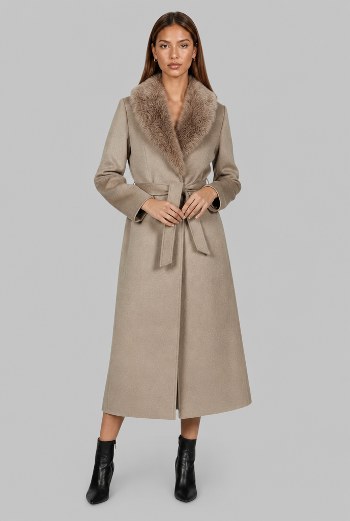 Long Wool Coat with Faux Fur Collar