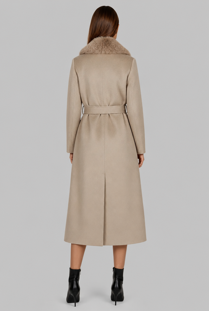 Long Wool Coat with Faux Fur Collar