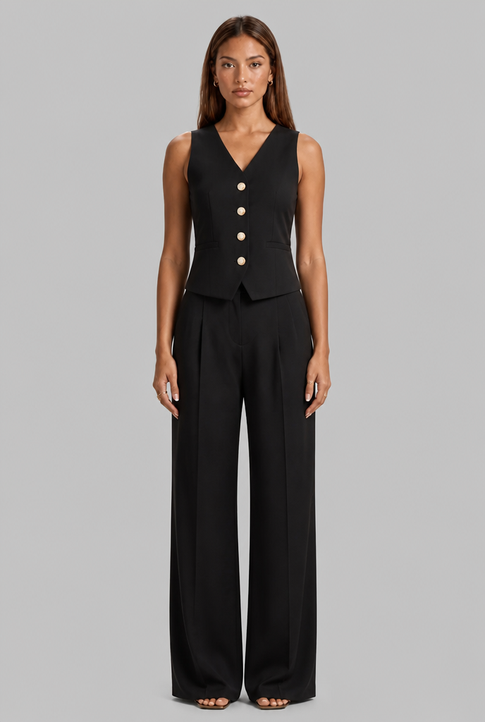 Linen Waistcoat & Wide Leg Trouser Set
