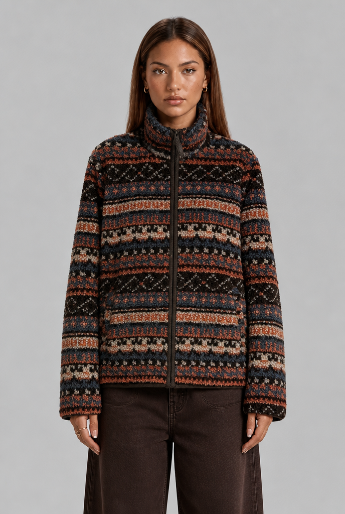 Patterned Fleece Jacket with Funnel Neck