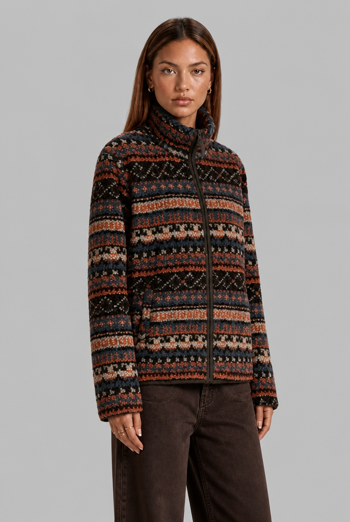 Patterned Fleece Jacket with Funnel Neck
