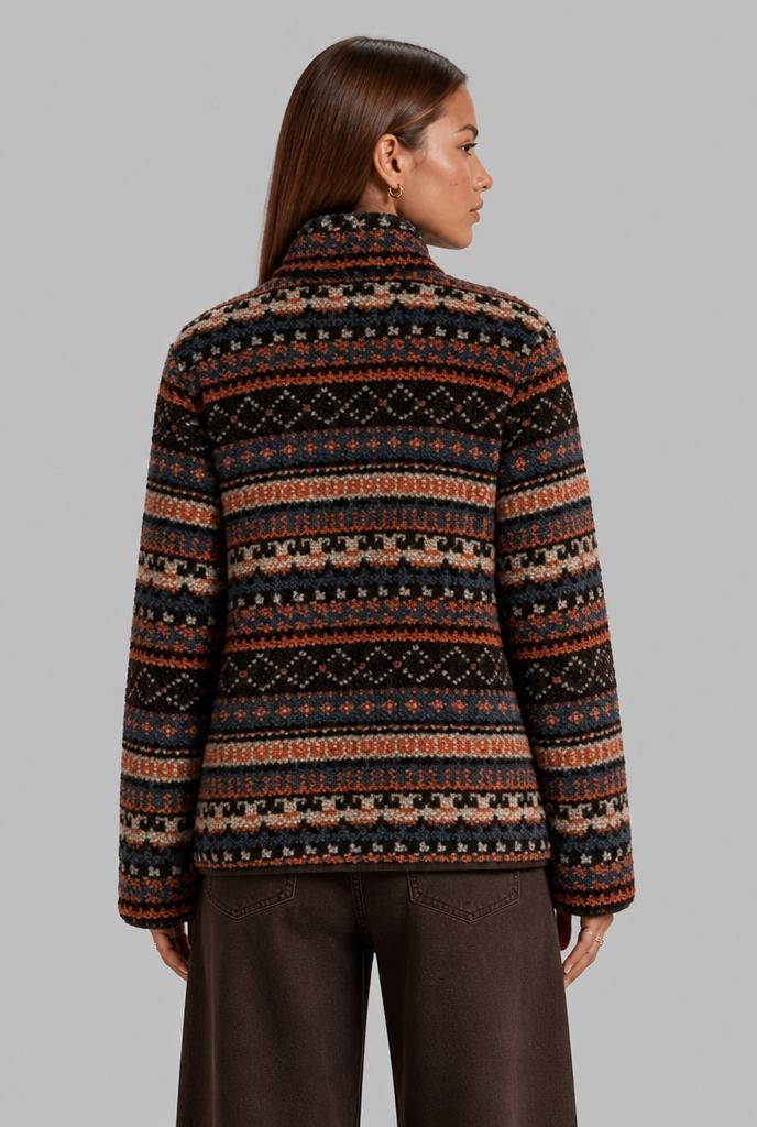 Patterned Fleece Jacket with Funnel Neck