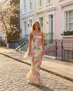 Cream Floral Strapless Neck Scarf Maxi Dress