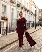 Burgundy Off Shoulder Long Sleeve Draped Maxi Dress