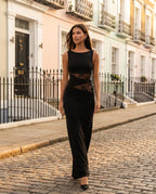 Black Lace Panel High Neck Column Maxi Dress