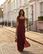 Burgundy Floral Cowl Neck Lace Up Back Maxi Dress