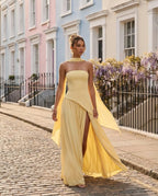 Pale Yellow Strapless Corset Back Maxi Dress