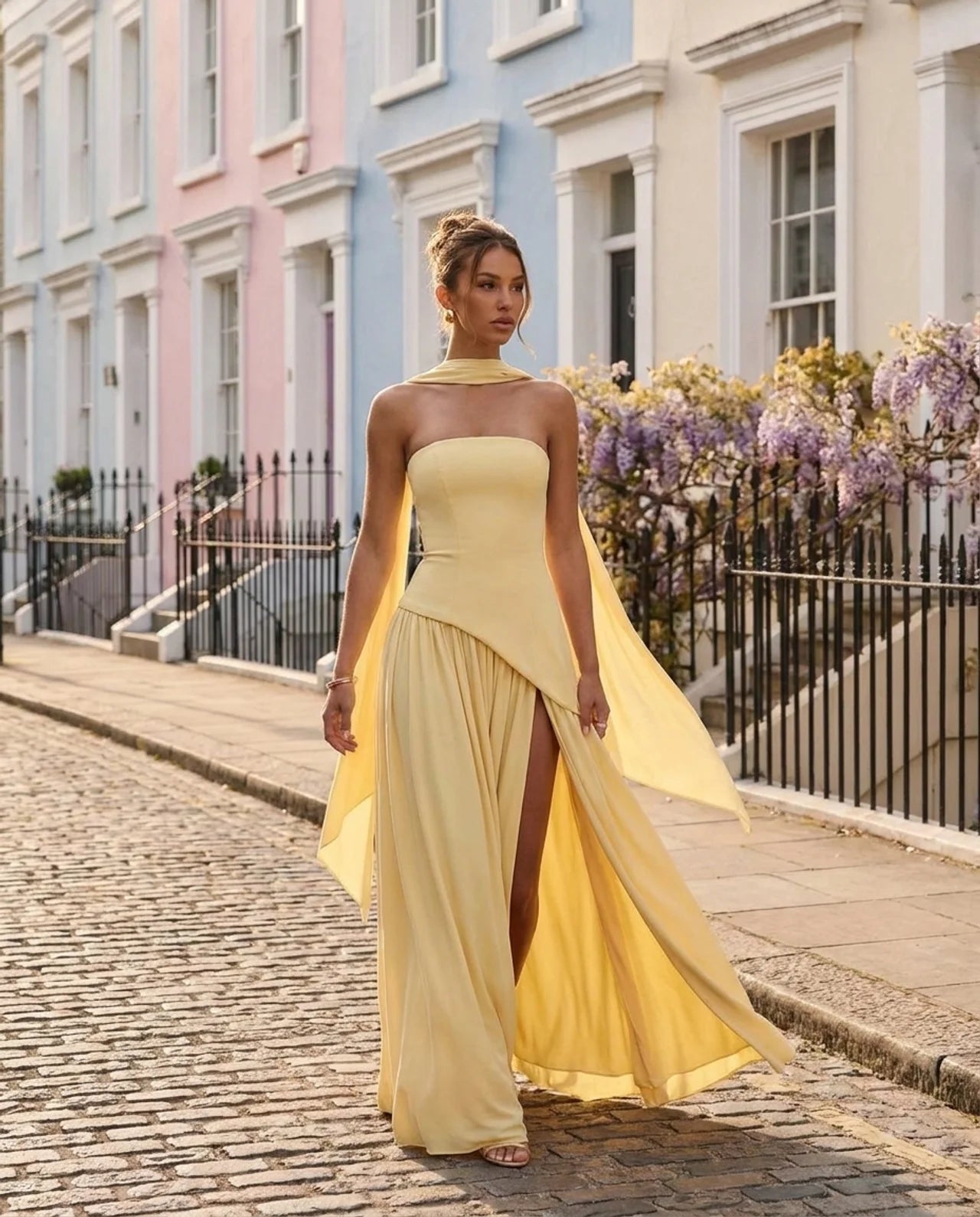 Pale Yellow Strapless Corset Back Maxi Dress