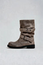 Distressed Double Buckle Mid-Calf Boots