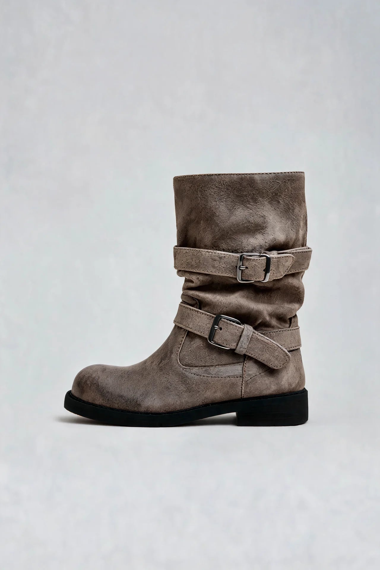 Distressed Double Buckle Mid-Calf Boots