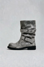 Distressed Double Buckle Mid-Calf Boots