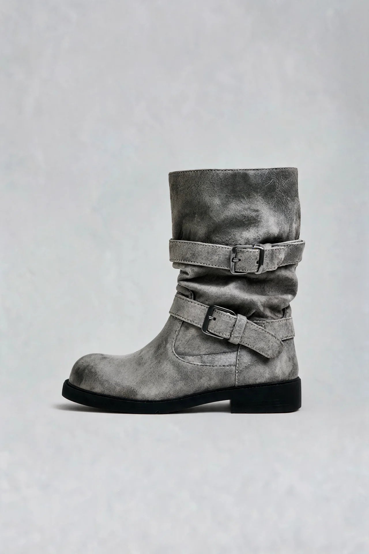 Distressed Double Buckle Mid-Calf Boots