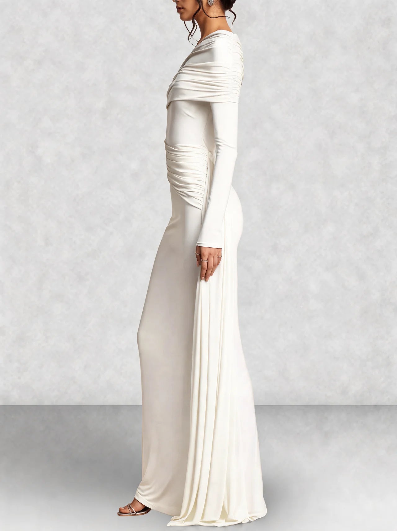 Off Shoulder Long Sleeve Draped Maxi Dress