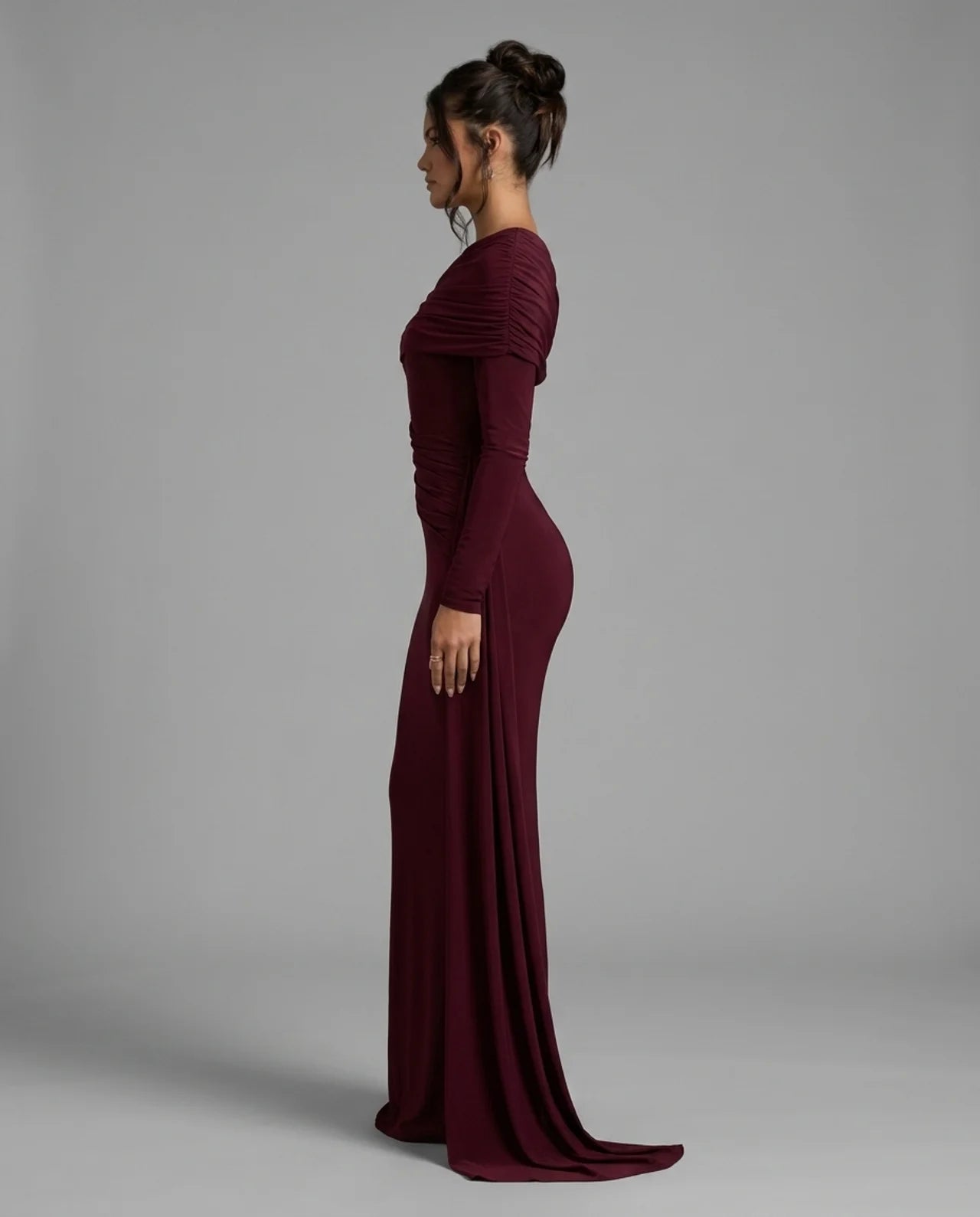 Burgundy Off Shoulder Long Sleeve Draped Maxi Dress