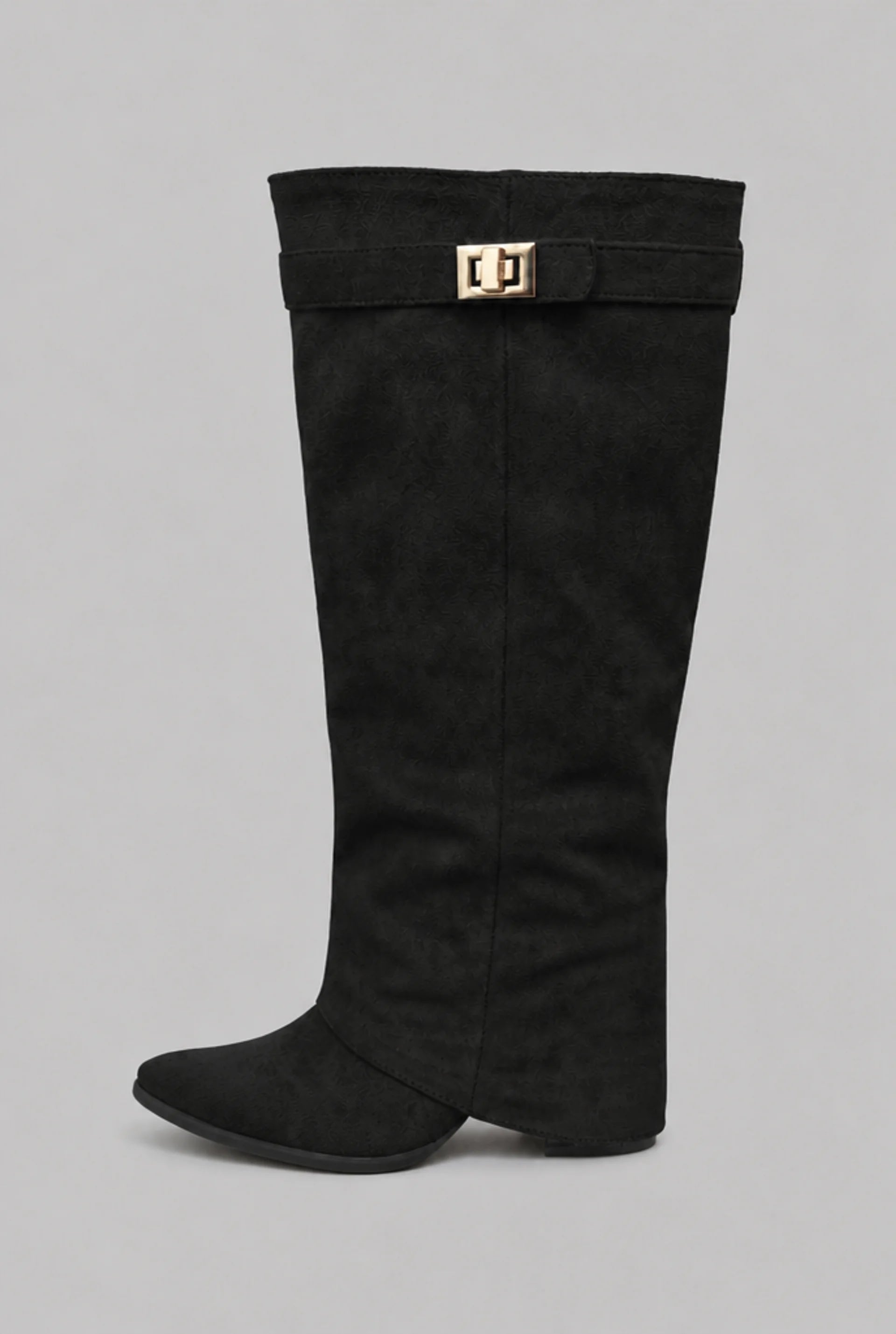 Foldover Cuff Knee-High Buckle Boots