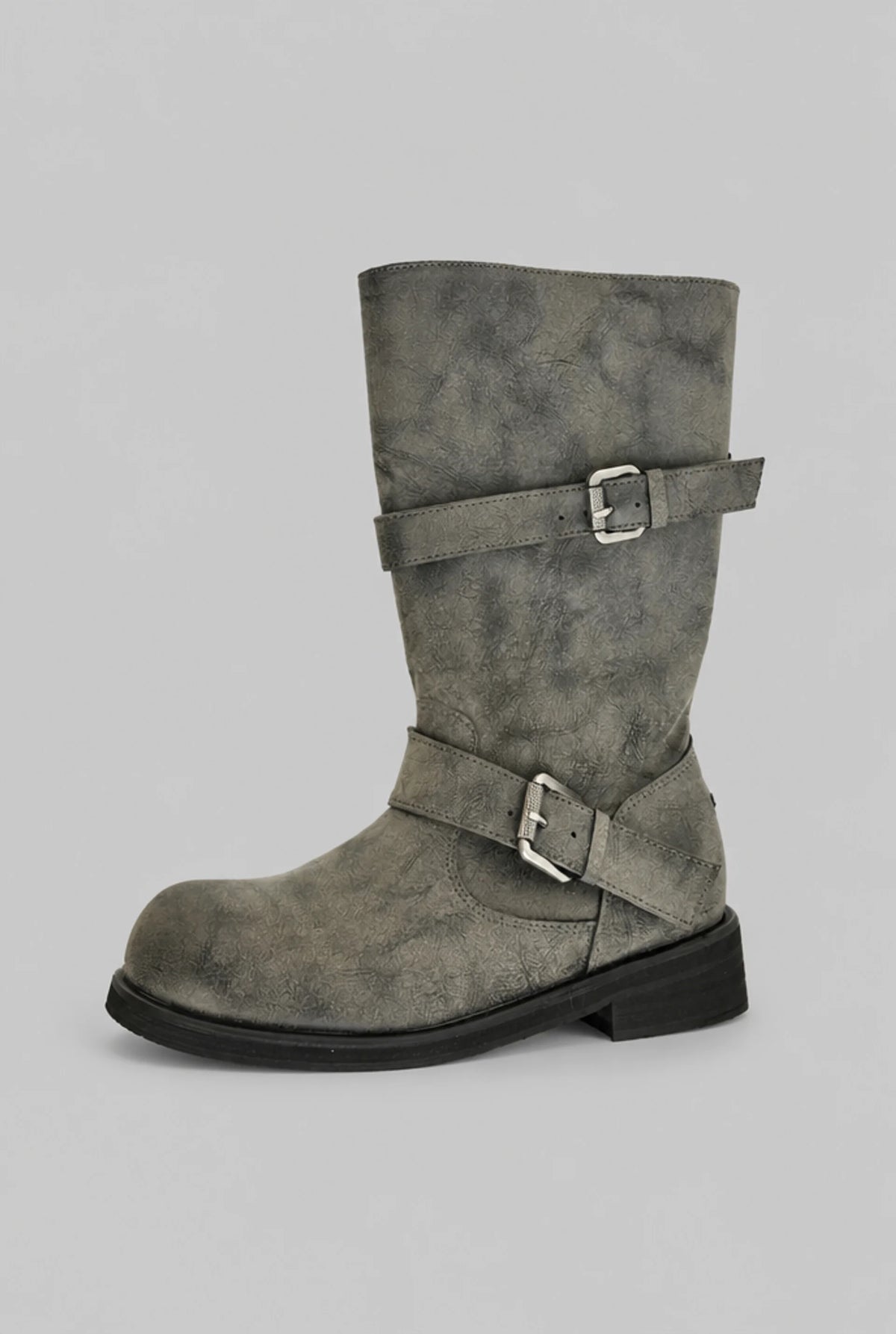 Distressed Double Buckle Mid-Calf Boots