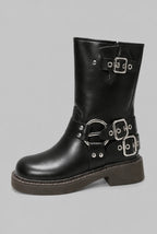 Studded Buckle Harness Mid-Calf Boots