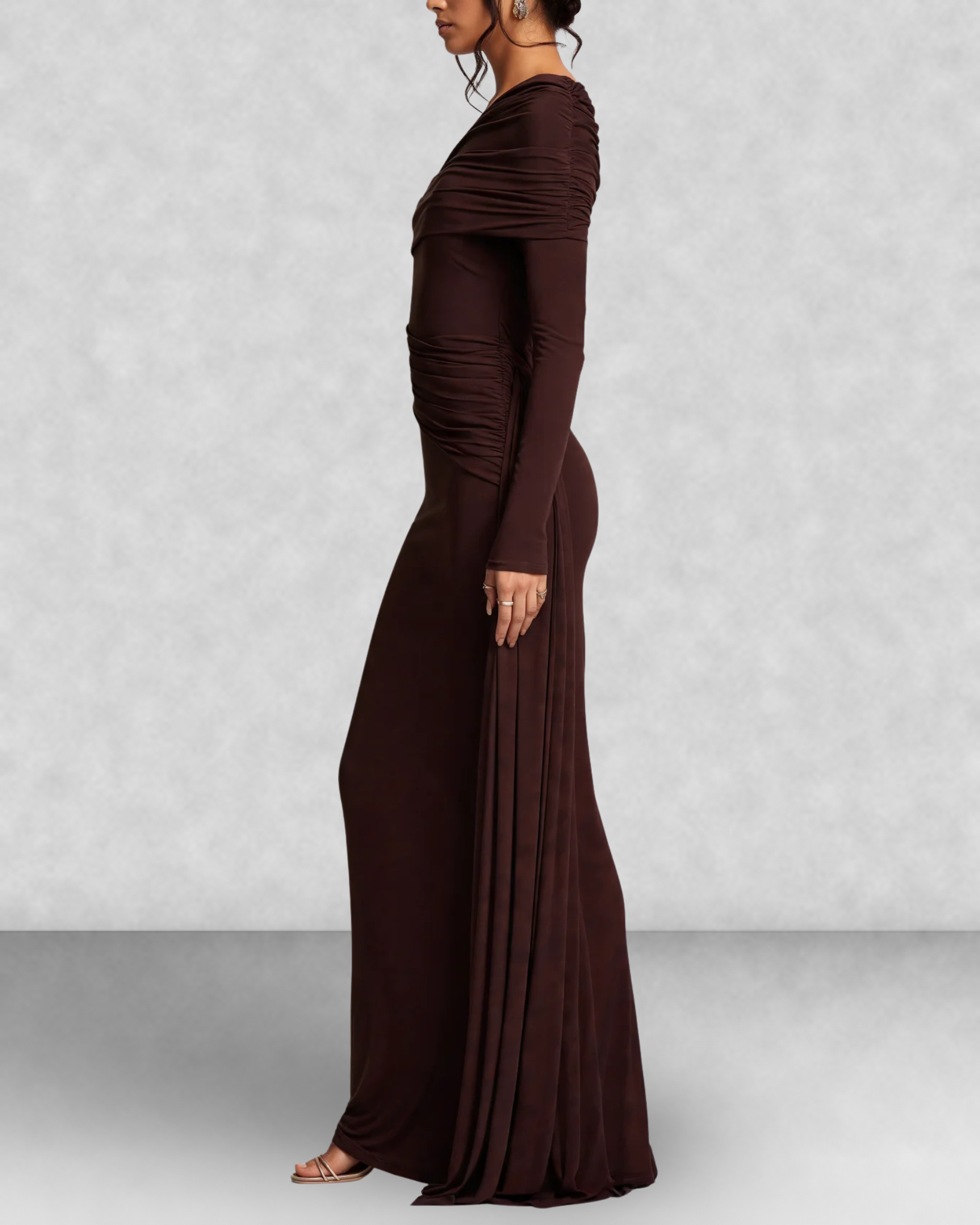 Off Shoulder Long Sleeve Draped Maxi Dress