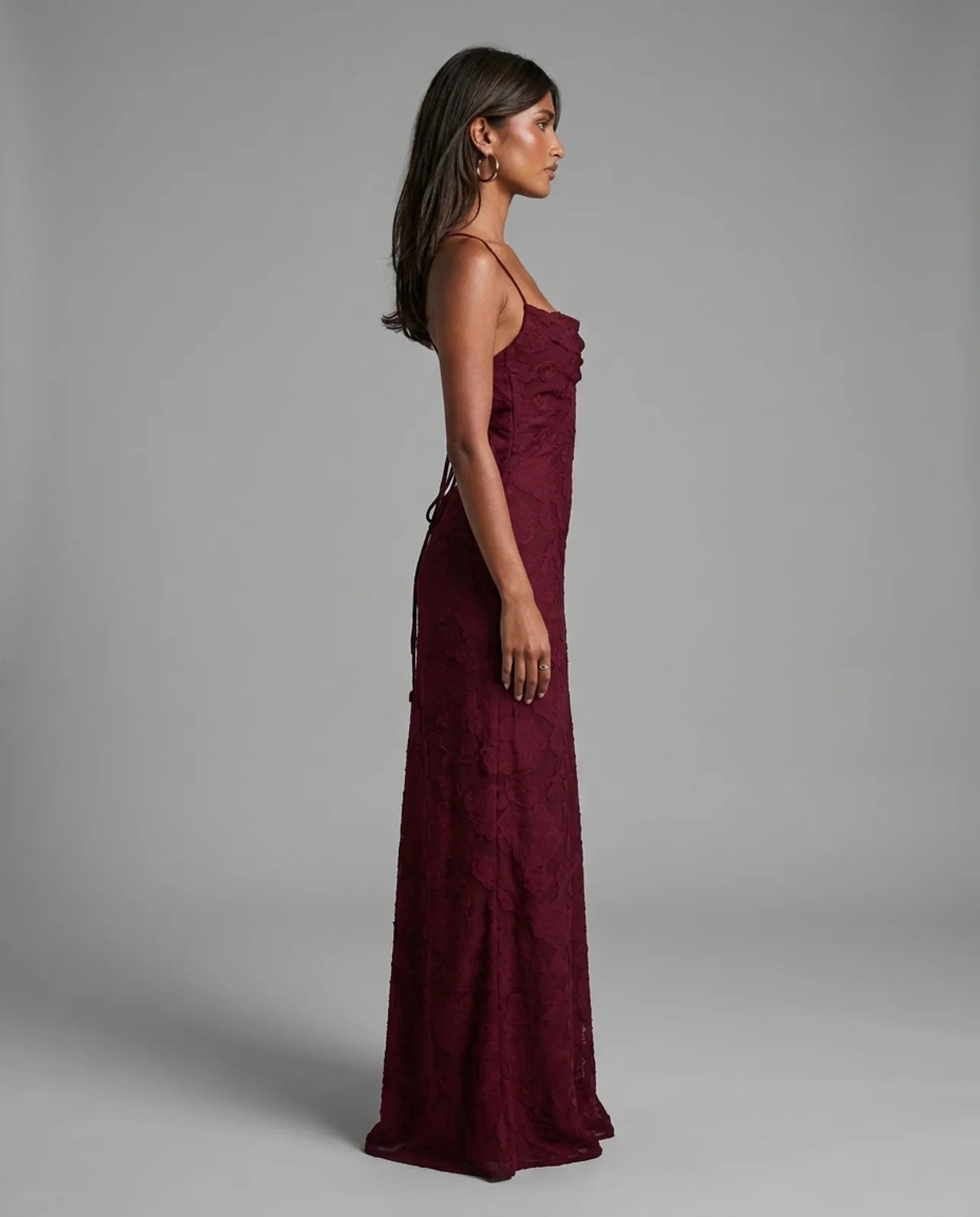 Burgundy Floral Cowl Neck Lace Up Back Maxi Dress