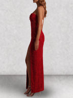 Beaded Strapless Thigh Split Maxi Dress