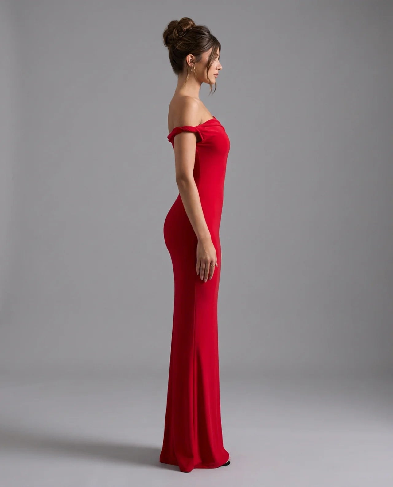 Red Off Shoulder Fishtail Column Maxi Dress