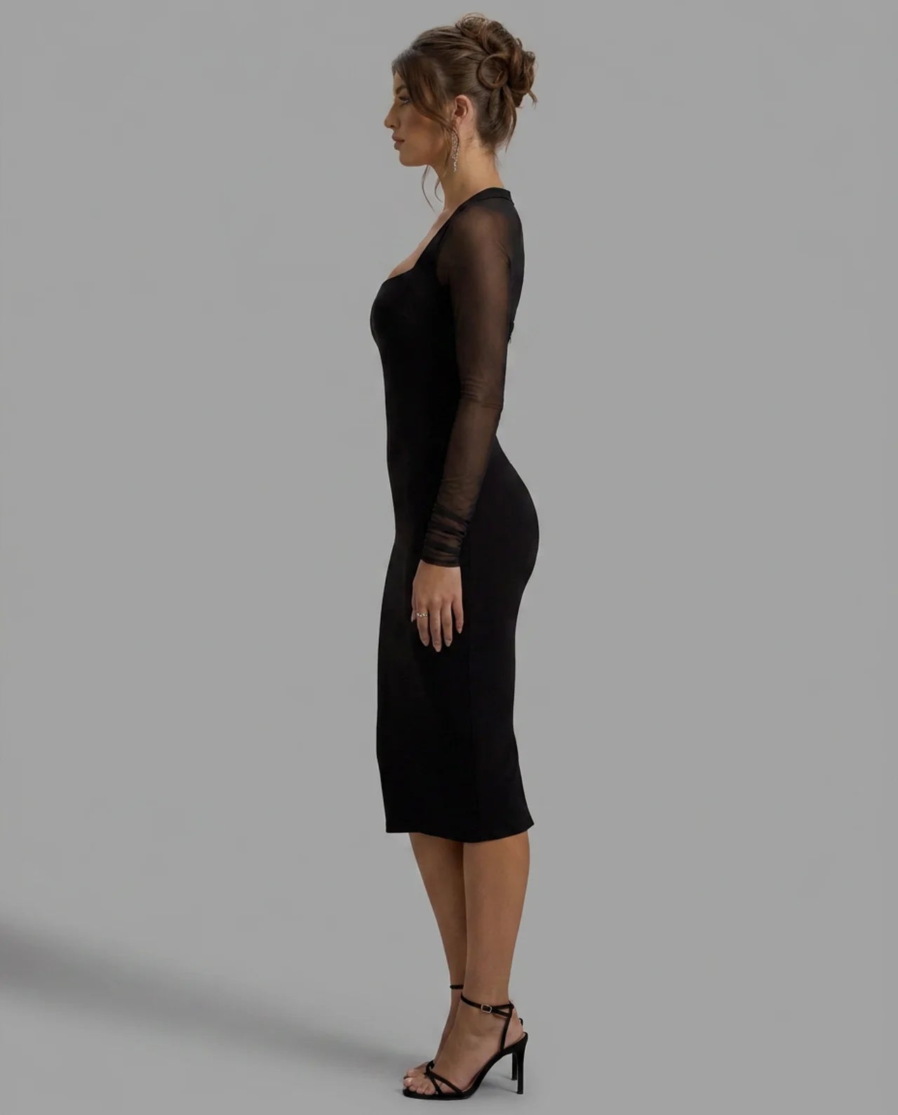 Black Mesh Sleeve Square Neck Bodycon Midi Dress