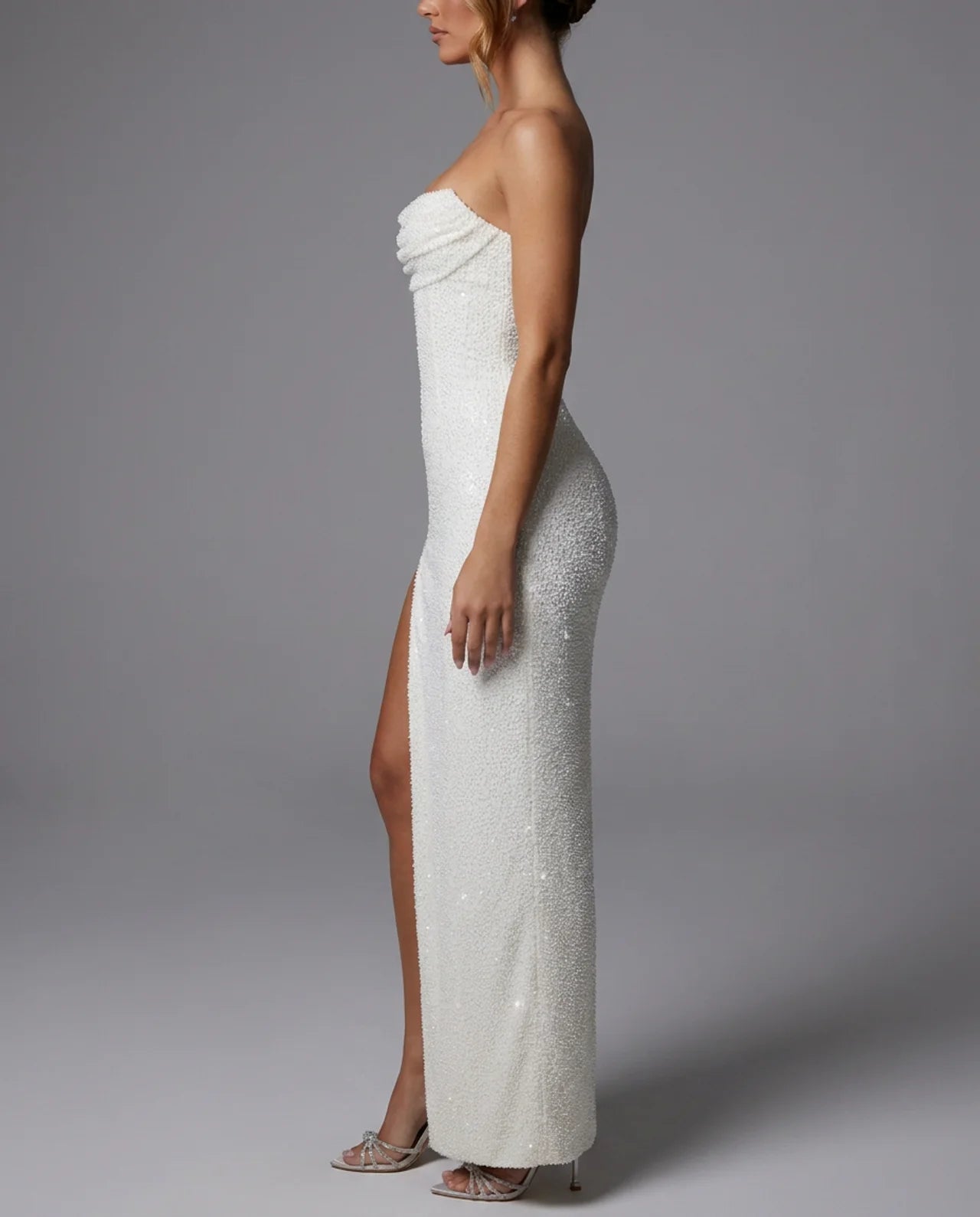 Ivory Beaded Strapless Thigh Split Maxi Dress