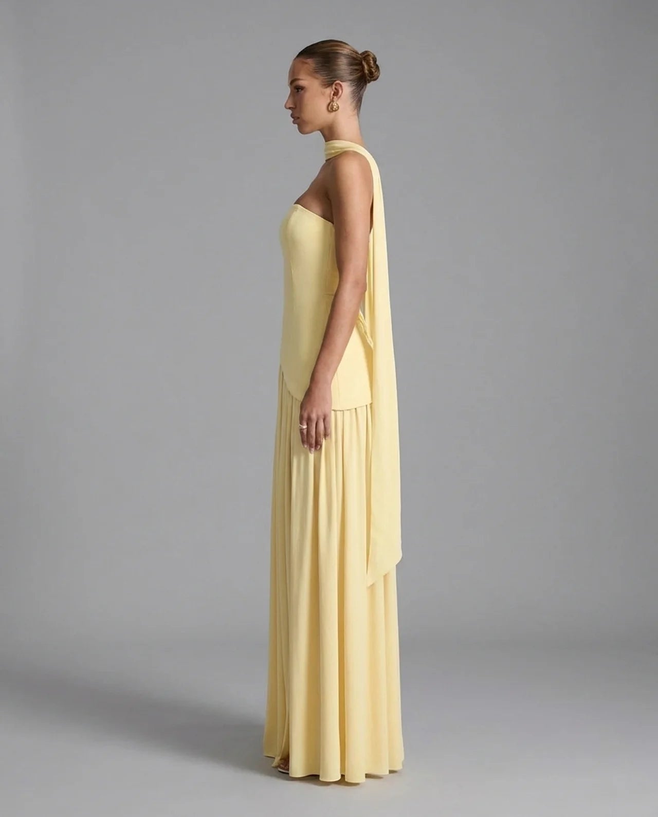 Pale Yellow Strapless Corset Back Maxi Dress