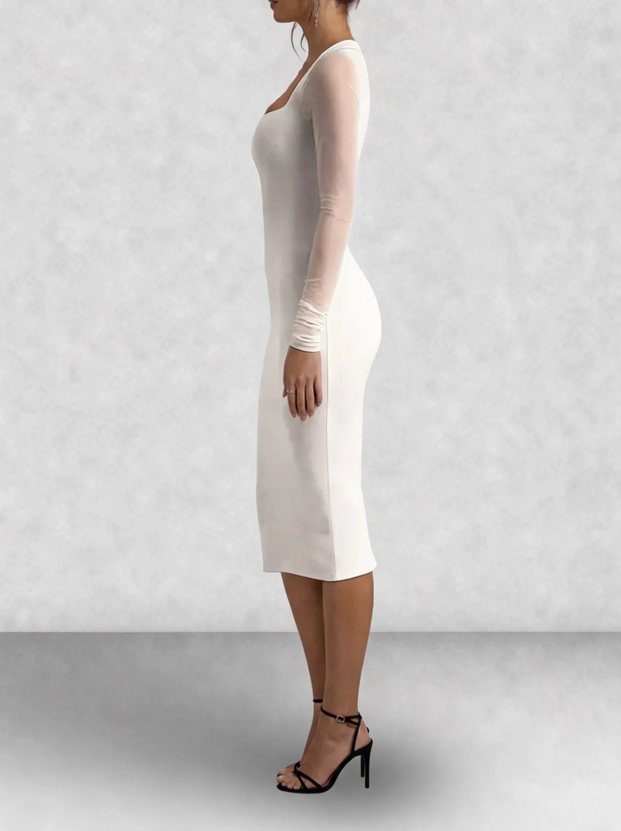 Mesh Sleeve Square Neck Bodycon Midi Dress