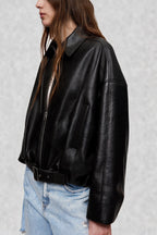 Belted Faux Leather Bomber Jacket