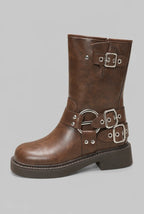 Studded Buckle Harness Mid-Calf Boots