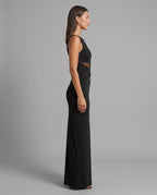 Black Lace Panel High Neck Column Maxi Dress