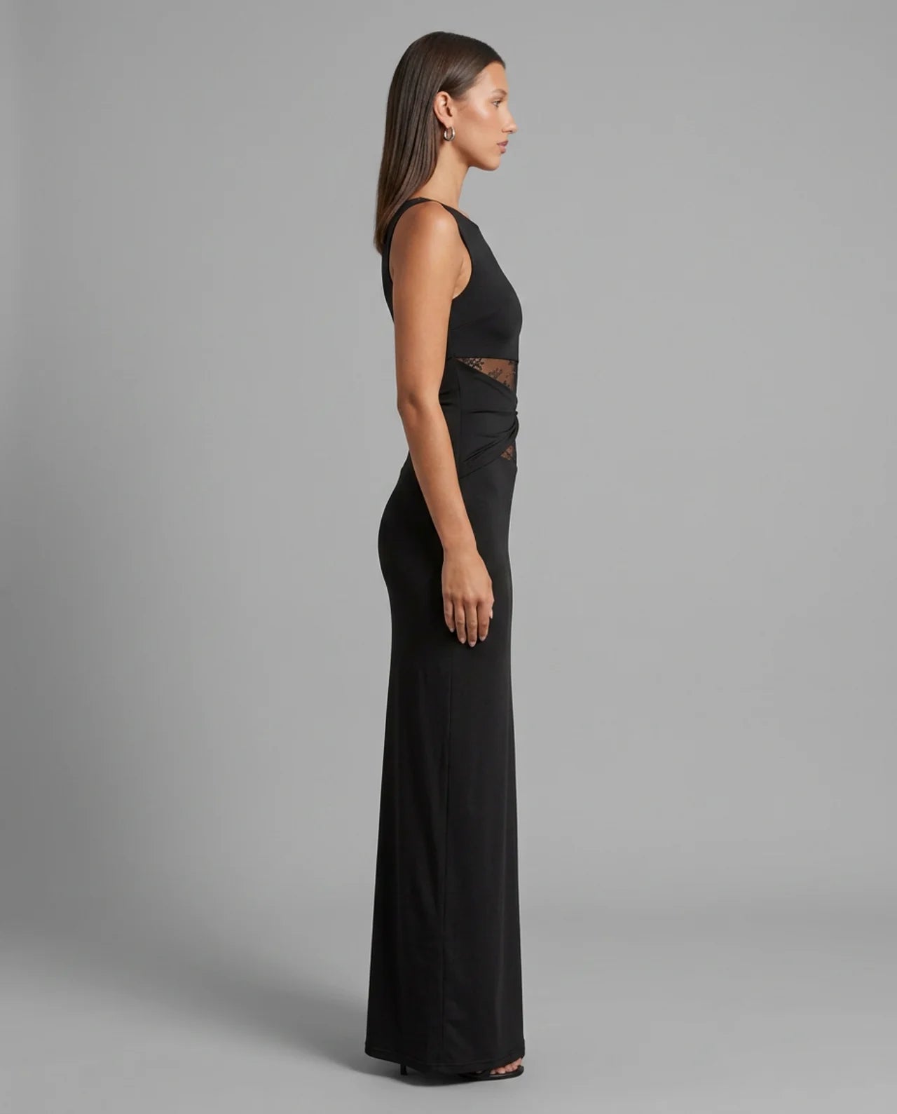 Black Lace Panel High Neck Column Maxi Dress
