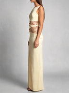 Lace Panel High Neck Column Maxi Dress