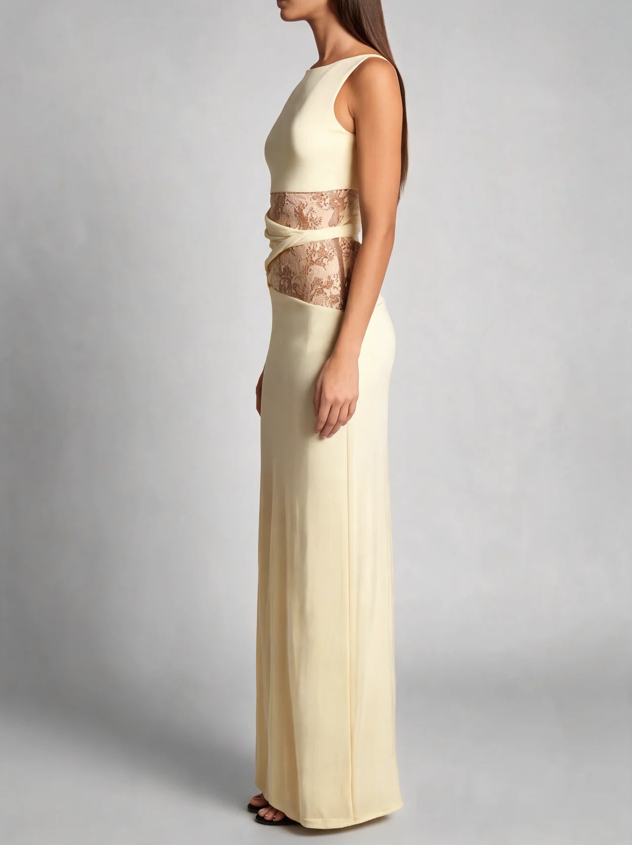 Lace Panel High Neck Column Maxi Dress