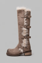 Faux Fur Trim Buckle Knee-High Boots