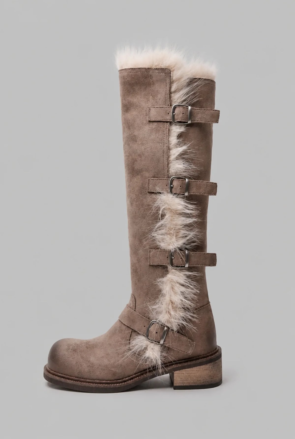 Faux Fur Trim Buckle Knee-High Boots