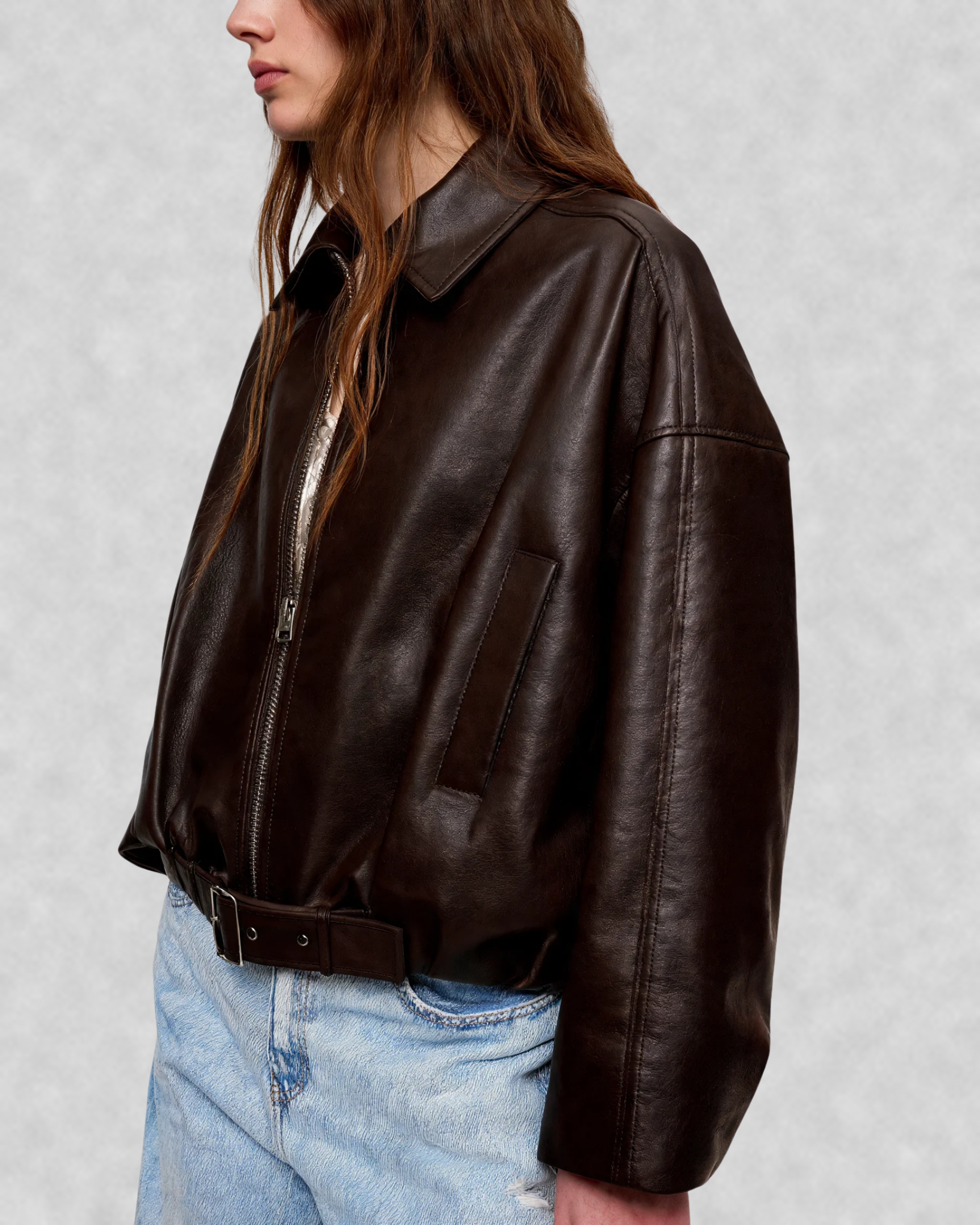 Belted Faux Leather Bomber Jacket