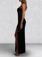 Beaded Strapless Thigh Split Maxi Dress