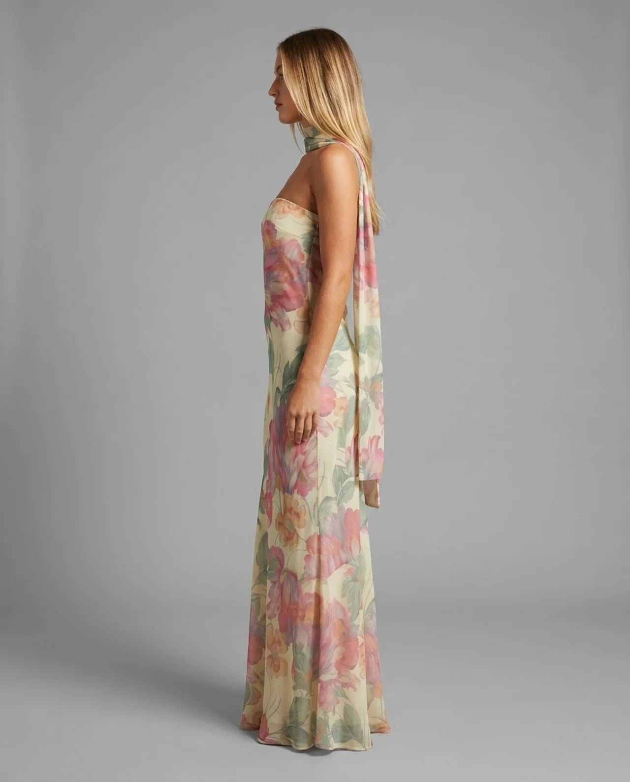 Cream Floral Strapless Neck Scarf Maxi Dress