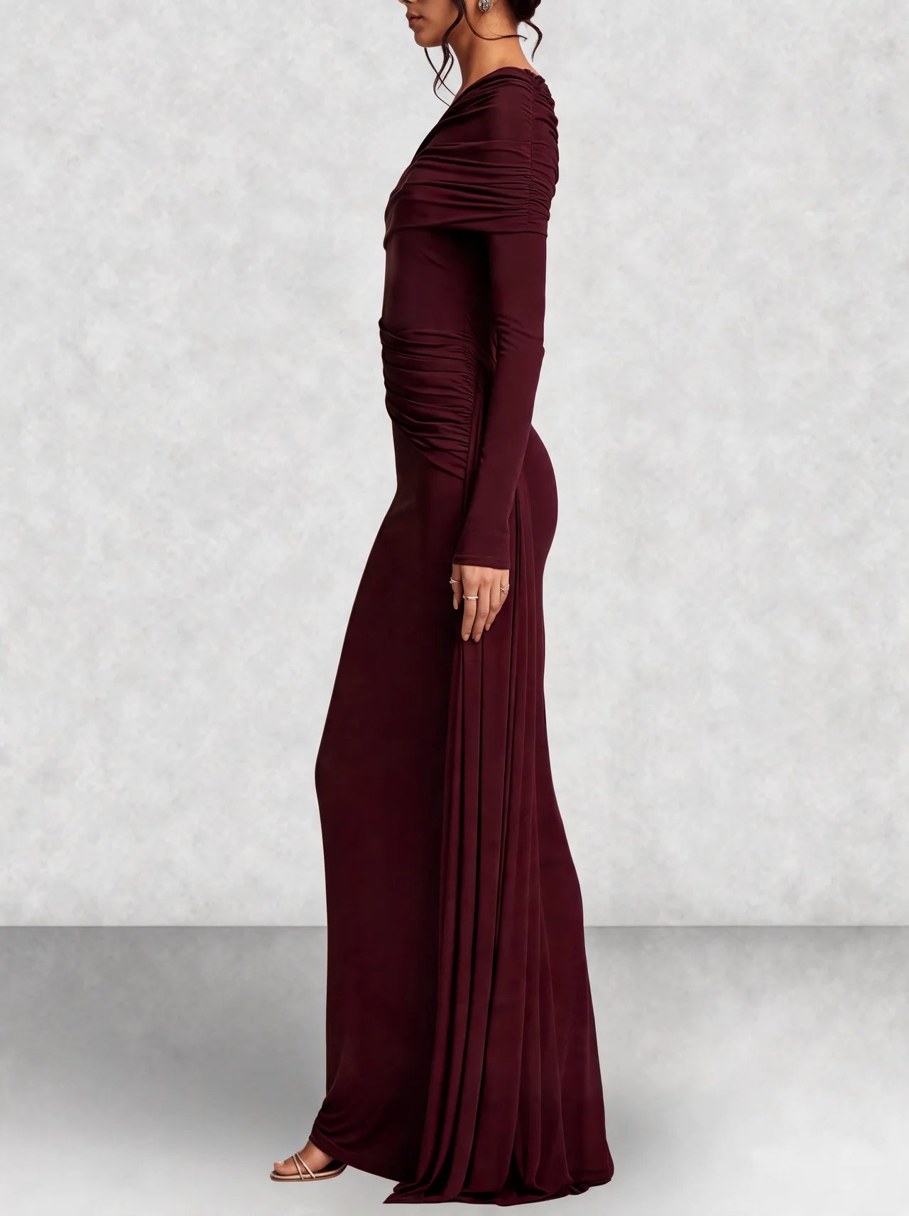 Off Shoulder Long Sleeve Draped Maxi Dress