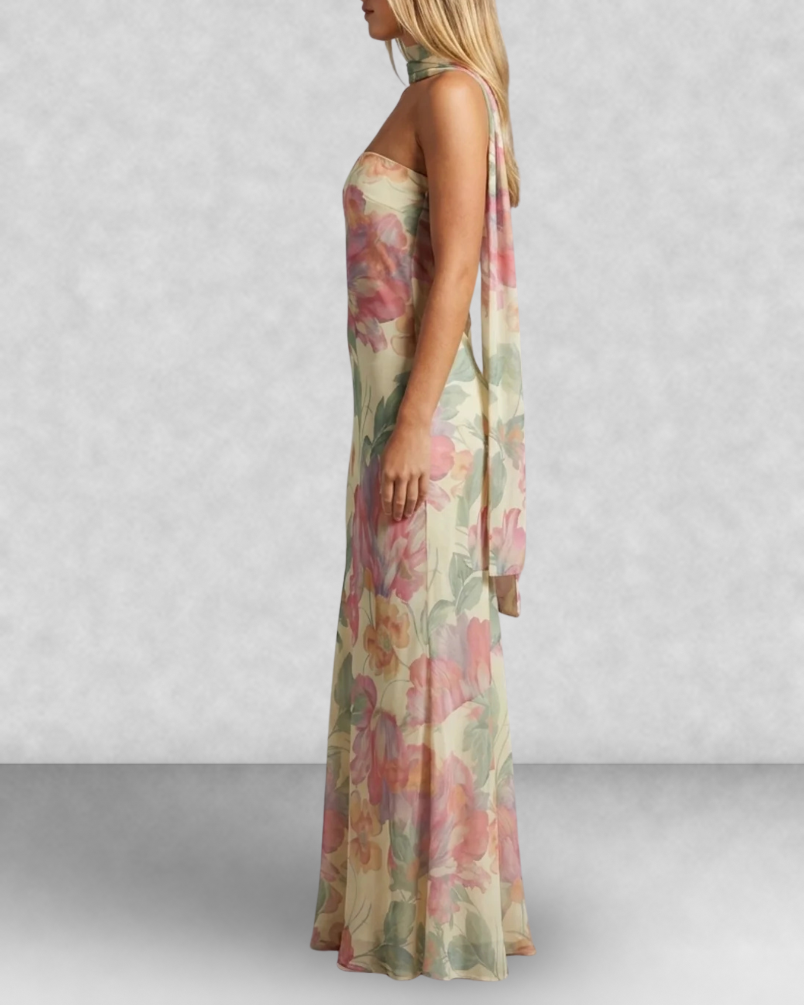 Floral Strapless Neck Scarf Maxi Dress