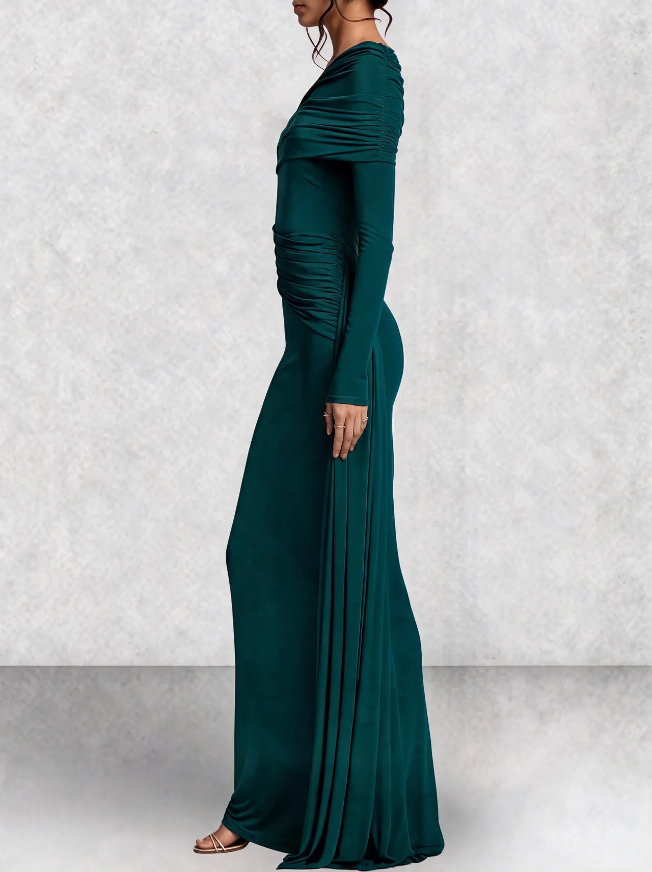 Off Shoulder Long Sleeve Draped Maxi Dress