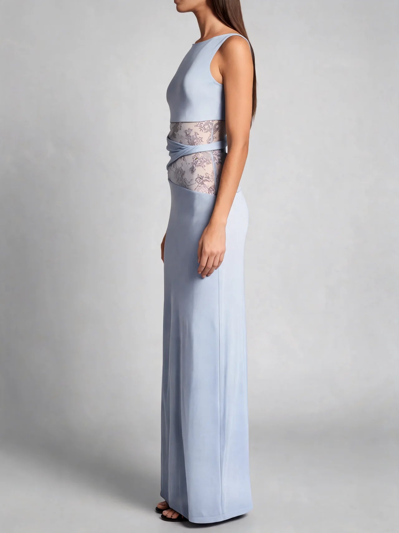 Lace Panel High Neck Column Maxi Dress