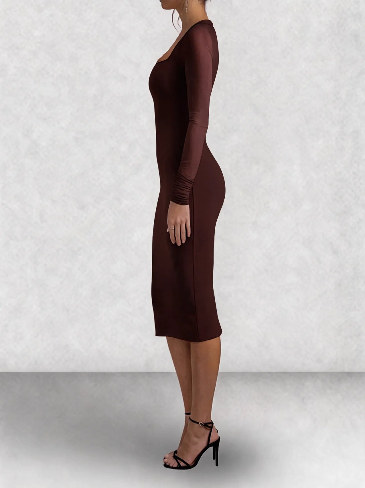 Mesh Sleeve Square Neck Bodycon Midi Dress
