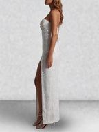 Beaded Strapless Thigh Split Maxi Dress